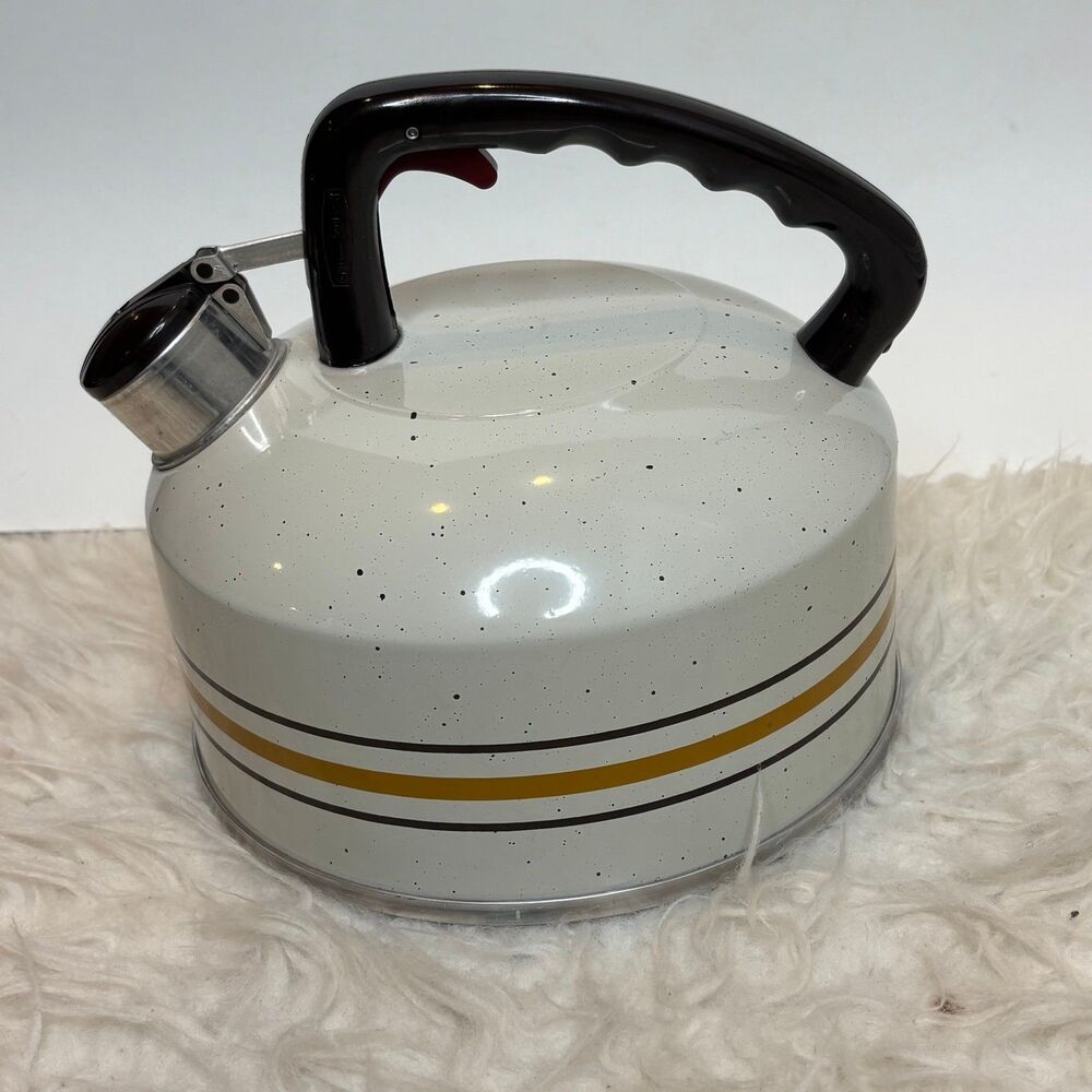 Vintage West Bend Whistling Tea Kettle 2.5 Qt White Speckled Enamel Retro Stripe